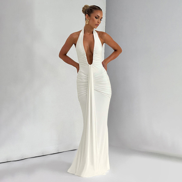 Deep V-neck hanging neck pleated dress