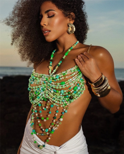 Pearl Body Chain Gemstone Bead Hoodie Hanging Neck Top