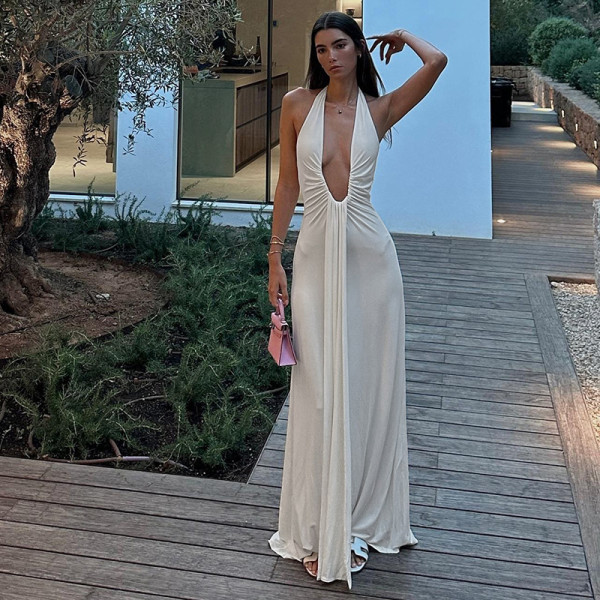 Deep V-neck hanging neck backless dress