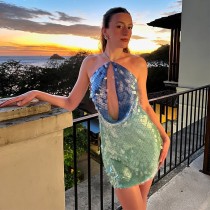 Sequined halter top backless suspender dress