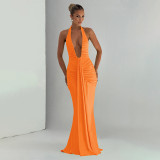 Deep V-neck hanging neck pleated dress