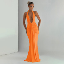 Deep V-neck hanging neck pleated dress