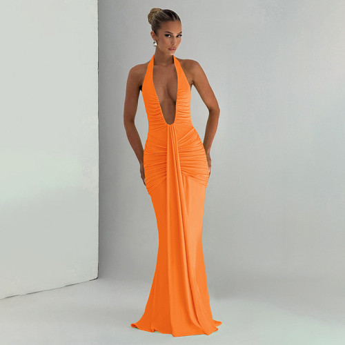 Deep V-neck hanging neck pleated dress