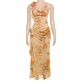 Printed neck tie mesh V-neck dress