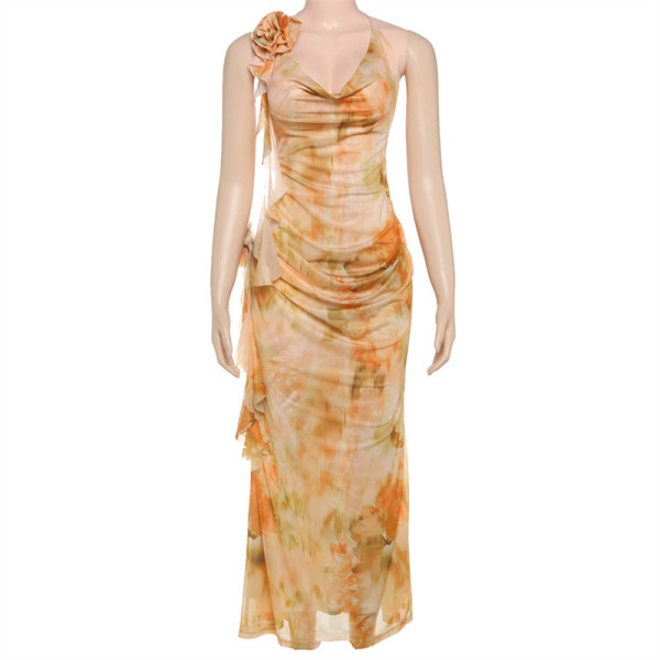 Printed neck tie mesh V-neck dress