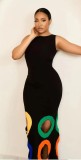 Round neck sleeveless color blocked hollow print A-line long dress