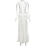 Deep V-neck hanging neck pleated dress