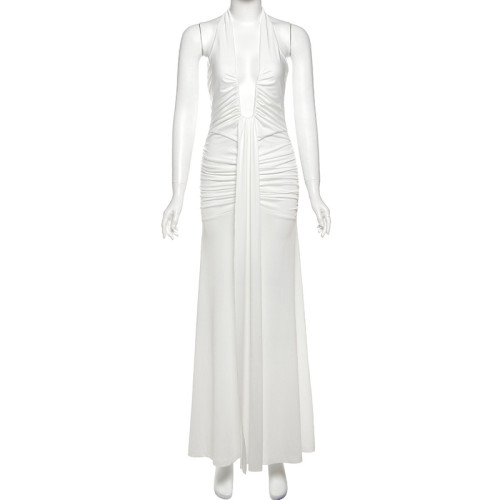 Deep V-neck hanging neck pleated dress