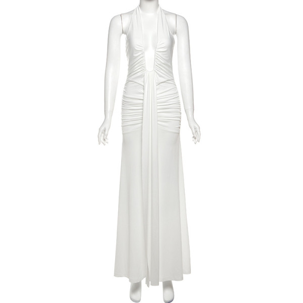 Deep V-neck hanging neck pleated dress