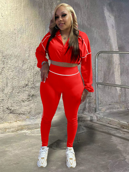 Rubber Buckle Waist Drop Shoulder Sleeve Tight Pants Two Piece Set