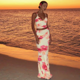 Printed V-neck tank top, hip hugging skirt set