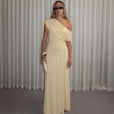 Slant neck pleated irregular solid color dress