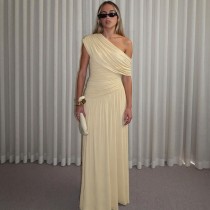 Slant neck pleated irregular solid color dress