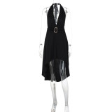 V-neck lace up mid waist metal buckle backless dress