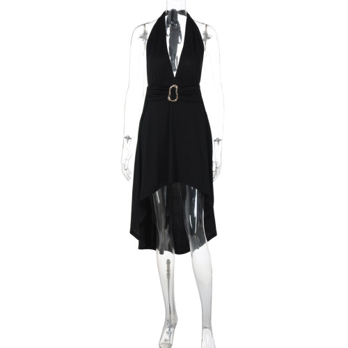 V-neck lace up mid waist metal buckle backless dress