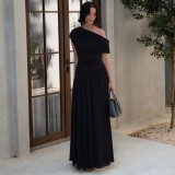 Slant neck pleated irregular solid color dress
