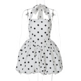 Printed backless hanging neck waist and chest wrapped dress