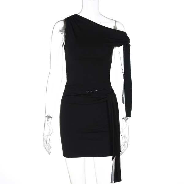 Slant collar lace up top pleated skirt set