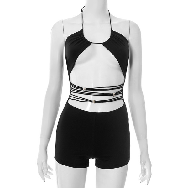 Bead string with cross hanging neck, hollowed out mesh, backless jumpsuit