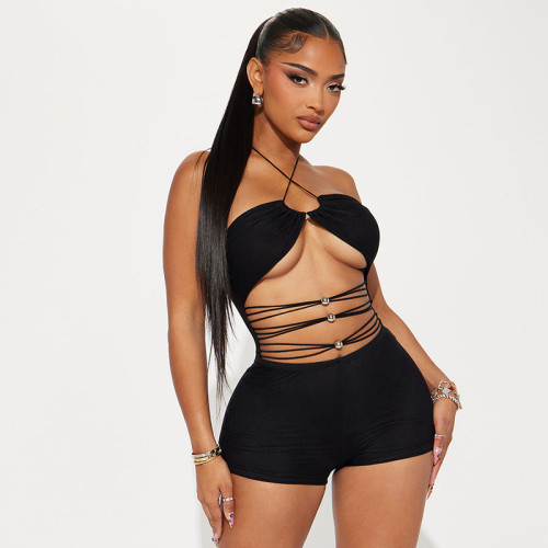 Bead string with cross hanging neck, hollowed out mesh, backless jumpsuit