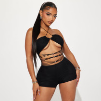 Bead string with cross hanging neck, hollowed out mesh, backless jumpsuit Bead string with cross hanging neck, hollowed out mesh, backless jumpsuit