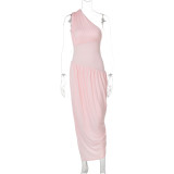Wrinkle patchwork solid color single shoulder dress