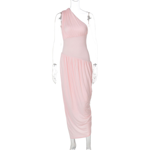 Wrinkle patchwork solid color single shoulder dress