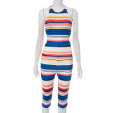 Printed neck strap, open back seven part jumpsuit