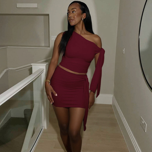 Slant collar lace up top pleated skirt set