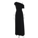Slant neck pleated irregular solid color dress