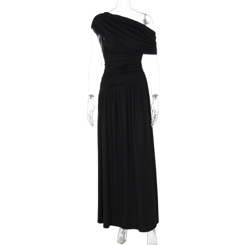 Slant neck pleated irregular solid color dress