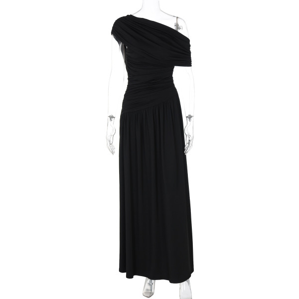 Slant neck pleated irregular solid color dress