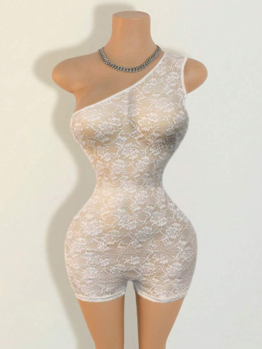 Perspective lace one shoulder tight jumpsuit