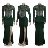 Hot stamping pearl perspective waist bag hip slit dress K2986
