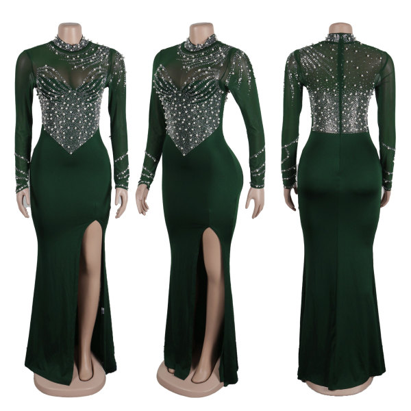 Hot stamping pearl perspective waist bag hip slit dress K2986