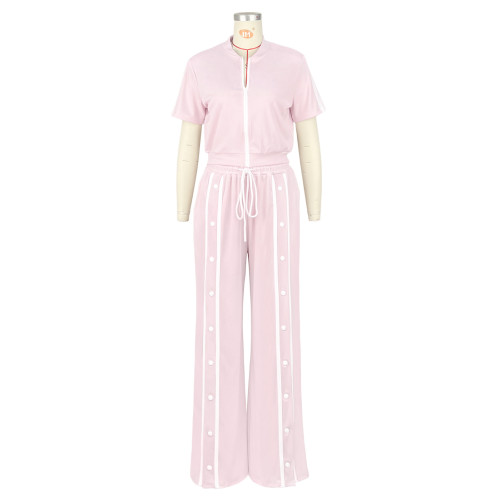 Sports strap buckle loose pocket wide leg pants zipper set