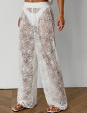 Lace embroidery low waisted straight leg pants with transparent jacquard long pants