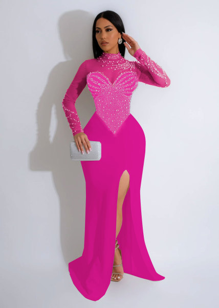 Hot stamping pearl perspective waist bag hip slit dress K2986