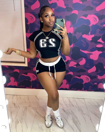 Color blocking digital printed crop top short sleeved shorts set