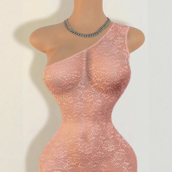 Perspective lace one shoulder tight jumpsuit