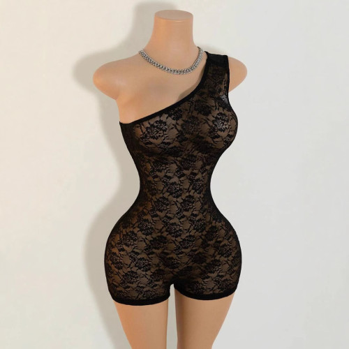 Perspective lace one shoulder tight jumpsuit
