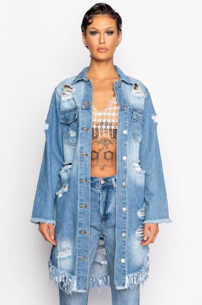 Broken hole tassel cardigan long sleeved denim trench coat