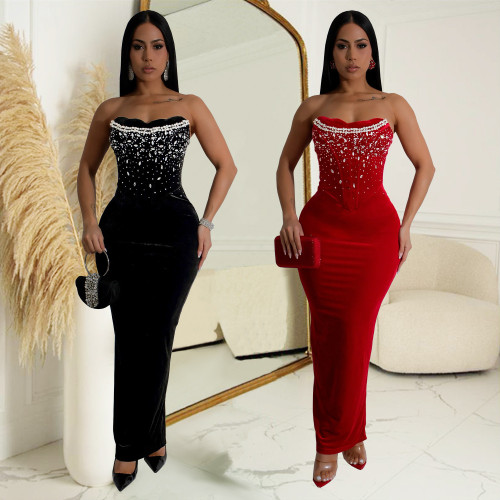 One shoulder slit rhinestone wrapped hip dress C7217