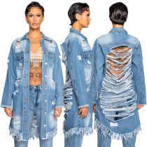 Broken hole tassel cardigan long sleeved denim trench coat