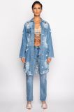 Broken hole tassel cardigan long sleeved denim trench coat