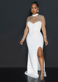 Hot stamping pearl perspective waist bag hip slit dress K2986