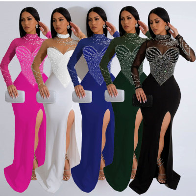 Hot stamping pearl perspective waist bag hip slit dress K2986