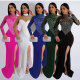 Hot stamping pearl perspective waist bag hip slit dress K2986