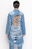 Broken hole tassel cardigan long sleeved denim trench coat