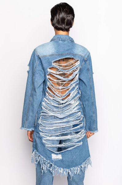 Broken hole tassel cardigan long sleeved denim trench coat